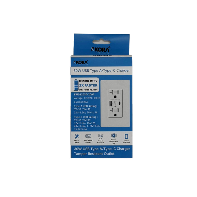USB 30W Receptacle Type A+C, 20A 120V : SWD22030