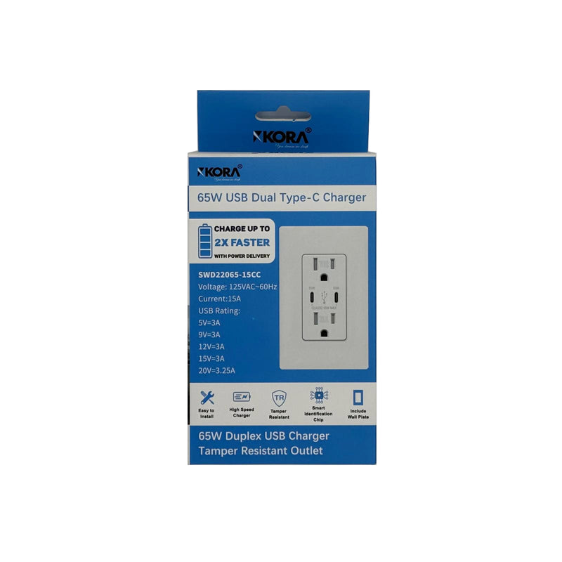 USB 65W Receptacle Type C+C, 15A 120V : SWD22065