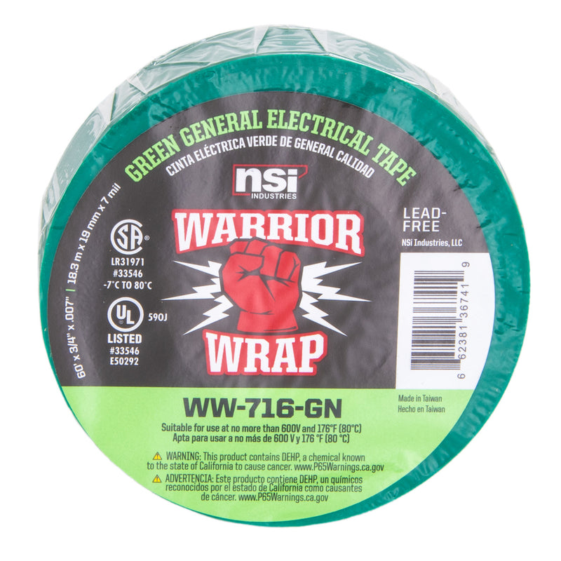 Warrior Wrap General  Electrical Tape L:66FT, W:3/4" ,Green