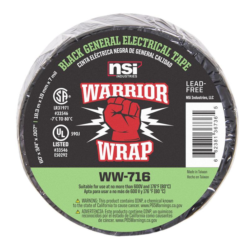 Warrior Wrap General  Electrical Tape L:66FT, W:3/4" ,Black